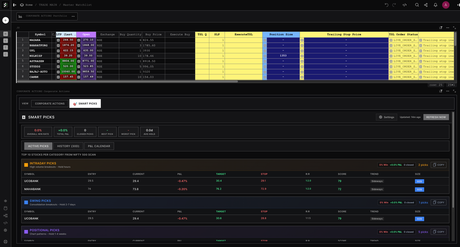 SmartPicks interface showing the trading grid with live positions and scored recommendations