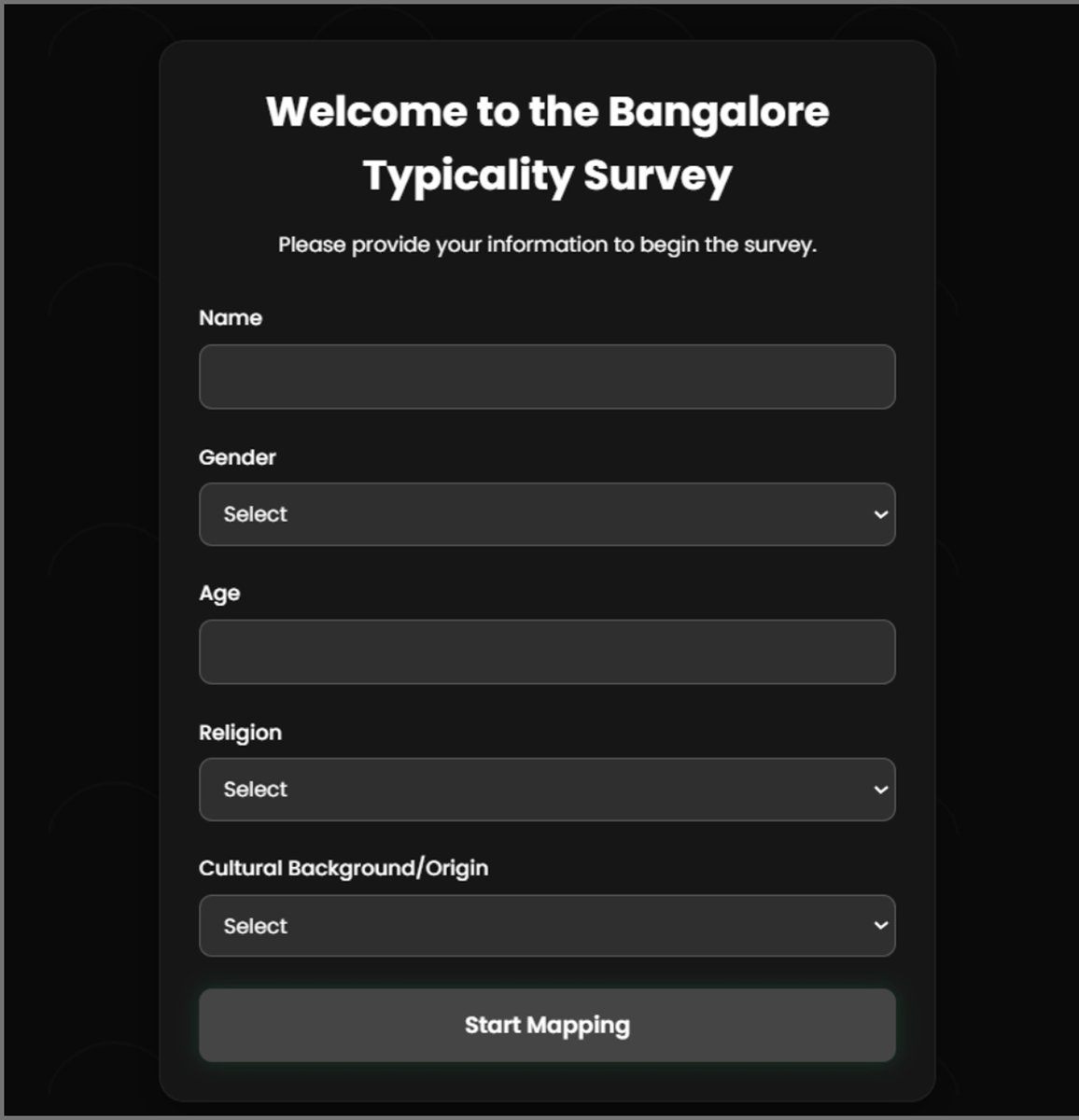 Bangalore Typicality Survey welcome screen with Name, Gender, Age, Religion, and Cultural Background fields