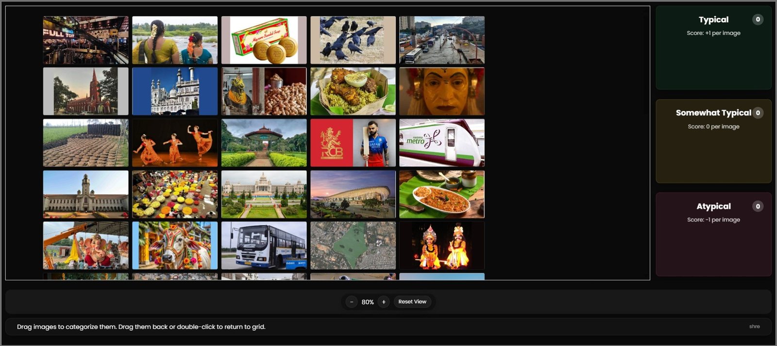Drag and drop card sorting game with 50 images and Typical, Somewhat Typical, Atypical categories