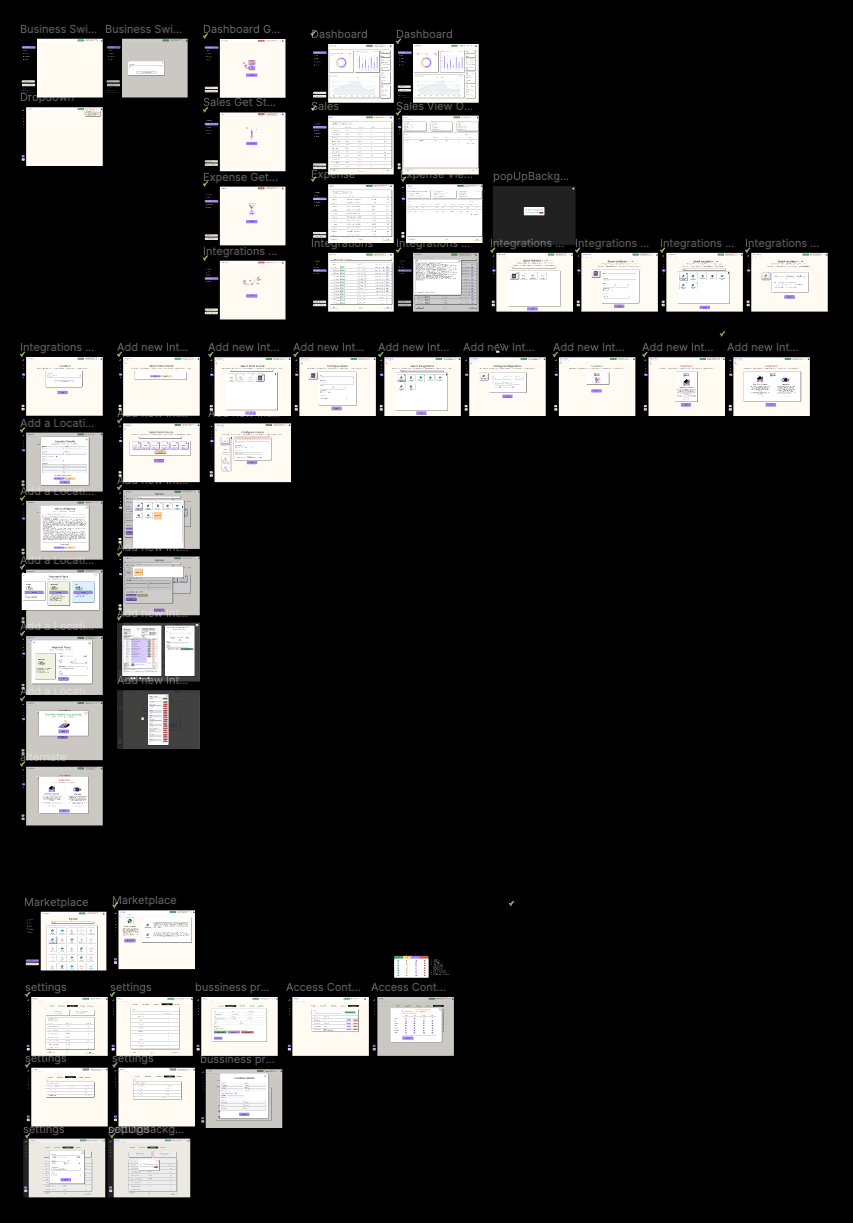 Complete design system overview showing all 60+ screens across Dashboard, Sales, Expense, Integrations, Settings, and Marketplace