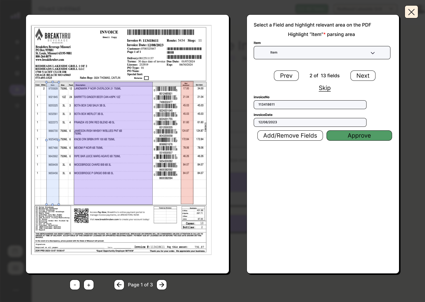 OCR invoice processing showing Breakthru Beverage invoice with field highlighting and extraction panel